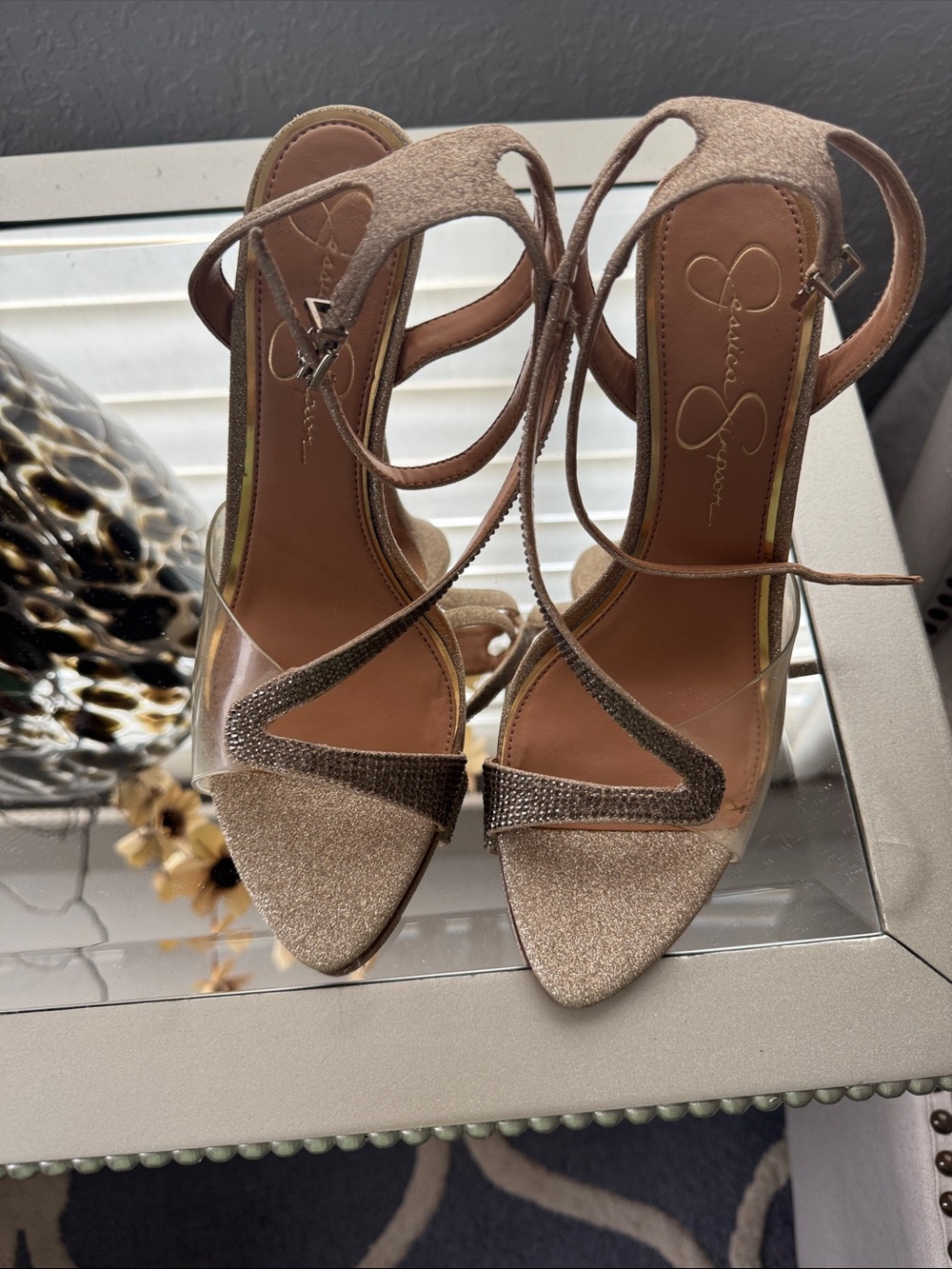 Jessica Simpson Rose Gold Glitter Ankle-Tie Heels 8.5